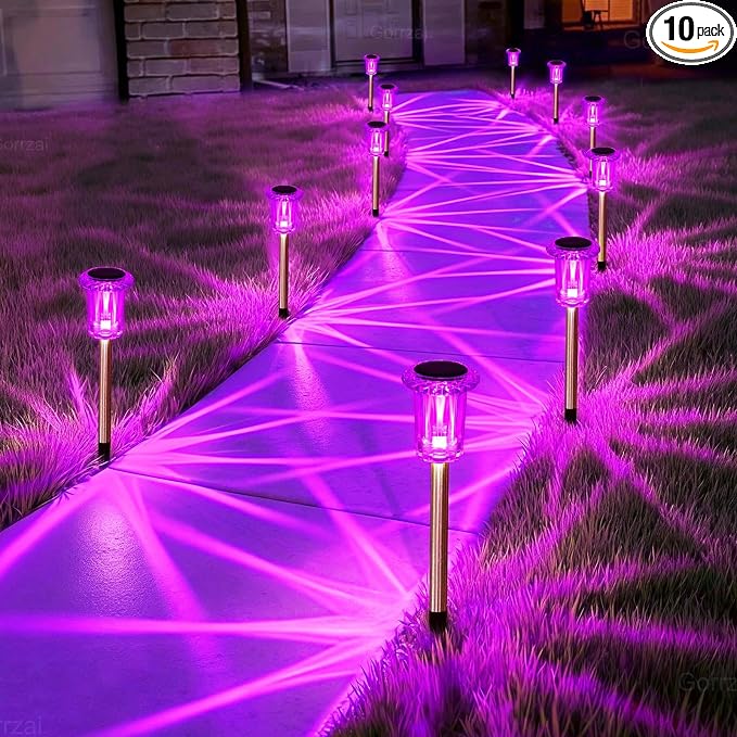 10 Pack Solar Lights Outdoor Waterproof LED Pink Pathway Lighting | Auto On/Off Stake Lights for Yard Garden Walkway Outside Driveway, Acrylic Diamond-like Lampshade, Stainless Steel Pole