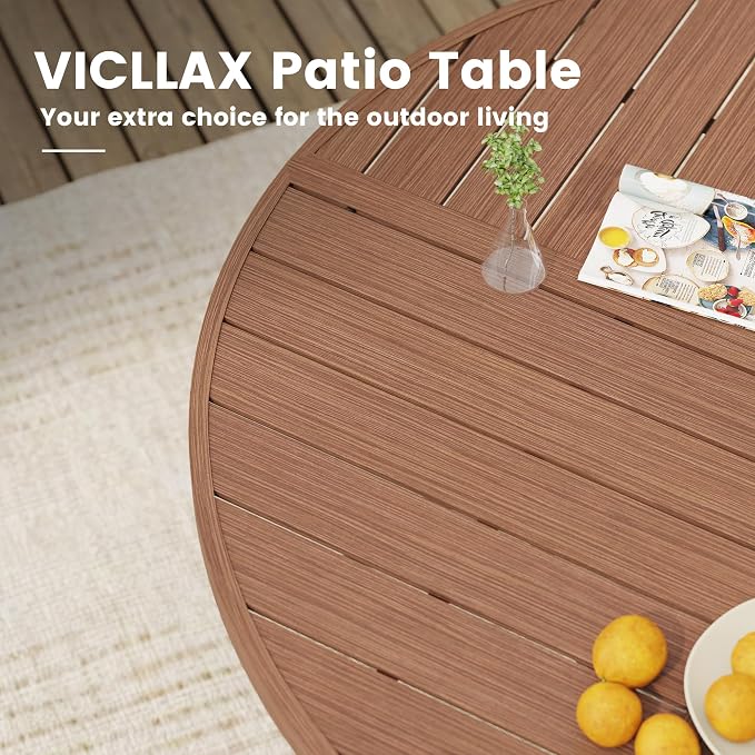 VICLLAX 63" Round Outdoor Table, Patio Dining Table for 8-10 with Umbrella Hole for Garden Lawn Deck Backyard, Walnut