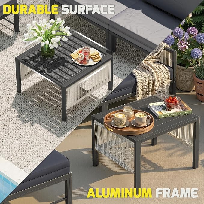 U-MAX Aluminum Patio Furniture Set 4 Seats Outdoor Sectional Couch with Coffee Central Table Patio Conversation Sets for Porch Deck (Dark Grey, with Retractable Sofa Couch and Single Sofa)