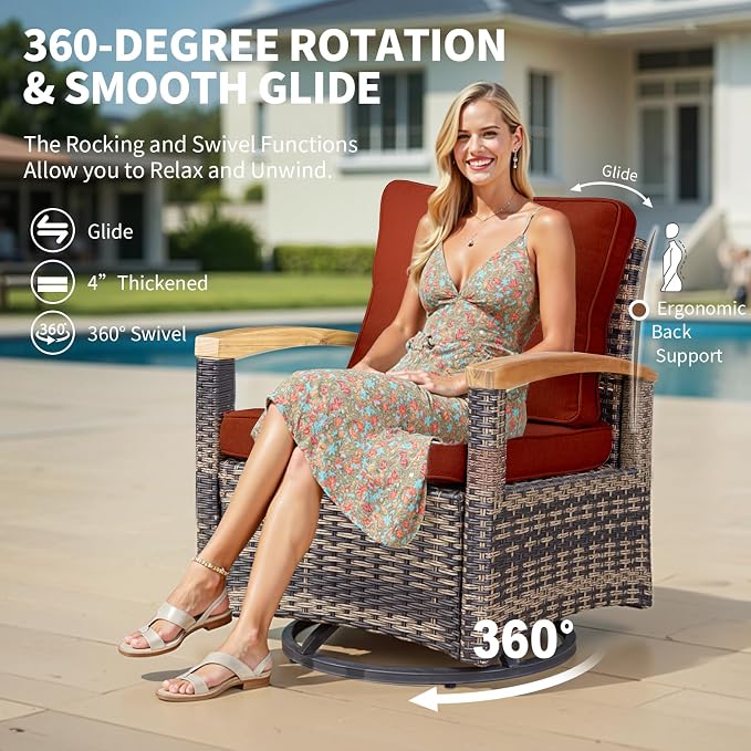 MEISSALIVVE 8 Pieces Patio Furniture Sets, PE Wicker Outdoor Conversation Sets with 2 Wood Armrests Swivel Rocker Chairs, 2 Ottomans, 2 Sofa and Dining Table (Red)