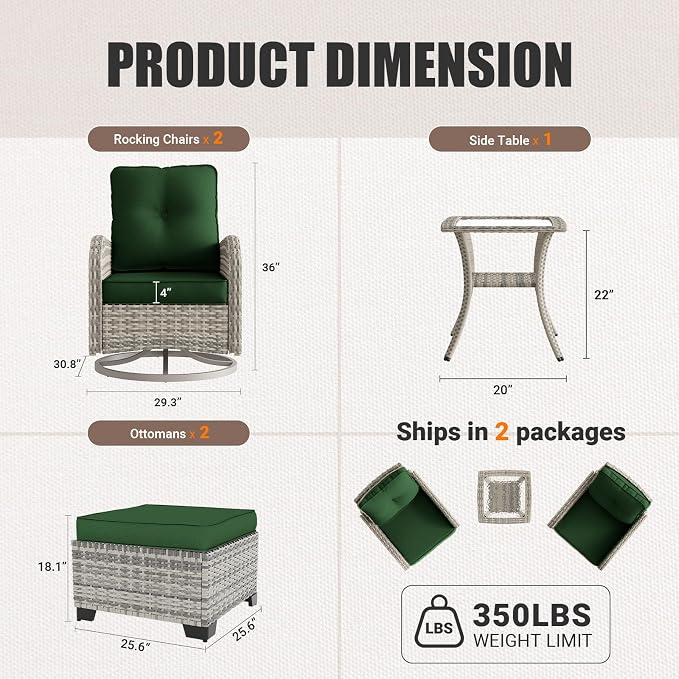 Outdoor Patio Furniture Set Patio Rocking Swivel Chair with Tempered Glass Side Table, Outdoor Wicker Rattan Bistro Set with Ottomans for Garden, Deck, and Balcony, Green