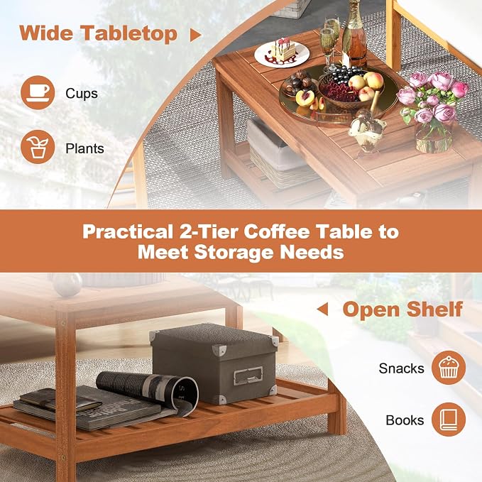 Giantex Hardwood Patio Coffee Table - 2-Tier Wooden Coffee Table with Slatted Tabletop & Storage Shelf, Outdoor Rectangular Center Table for Backyard, Garden, Poolside, Balcony & Indoor, Walnut