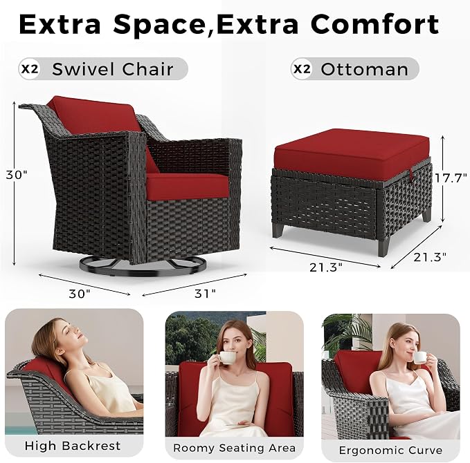 4 Pieces Patio Conversation Furniture Set - 2 Swivel Chairs, 2 Ottomans, Outdoor Wicker Furniture with Removable Cushions for Porch, Balcony, Sunroom (Red)