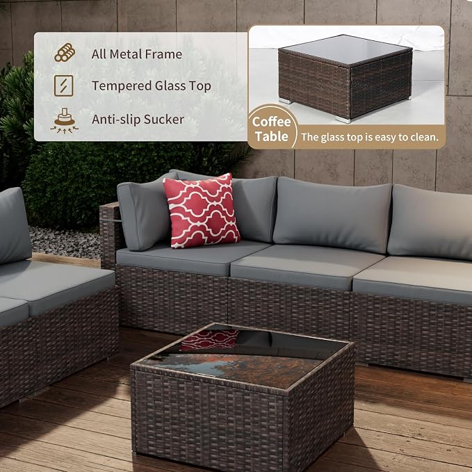 Tradare 3 Piece Patio Furniture Set, Outdoor Wicker Patio Sofa Set, PE Rattan Sectional Couch with Glass Table and Grey Cushions, All-Weather 3 Piece Outdoor Patio Furniture Sets, Brown