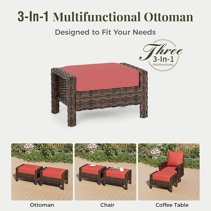 MIXPATIO 6-Piece Wicker Patio Furniture Set with Swivel Chairs, High Back Outdoor Furniture with 5.5-inch Thick Cushion and Ottoman, All-Weather Wicker Patio Conversation Set for Deck Yard Pool, Red