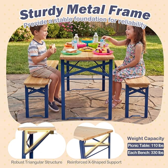 Costzon Kids Picnic Table, 43.5 Inch Folding Picnic Table with 2 Benches, Fir Wood Top & Metal Frame, No Assembly 3-Piece Portable Kids Indoor/Outdoor Furniture for Patio Backyard Daycare (Navy Blue)