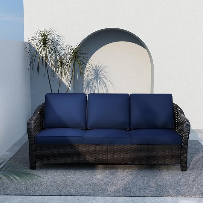 78" Wicker 3-seat Sofa, Outdoor Conversation Furniture, All-Weather Rattan Couch, Steel Frame Couch with Cushions for Garden, Poolside, Porch (Navy Blue)
