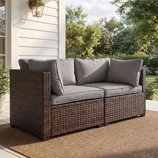 2 Pieces Patio Furniture Set, Outdoor PE Rattan Sectional Sofa with Soft Cushions for Backyard, Porch, and Poolside (Gray, 2 PCS)