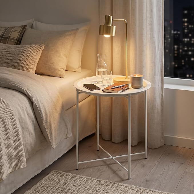VECELO Side/End Table, Folding Round Metal Anti-Rust and Waterproof Outdoor or Indoor Tray for Living Room Bedroom Balcony and Office, 1 PCS, Beige