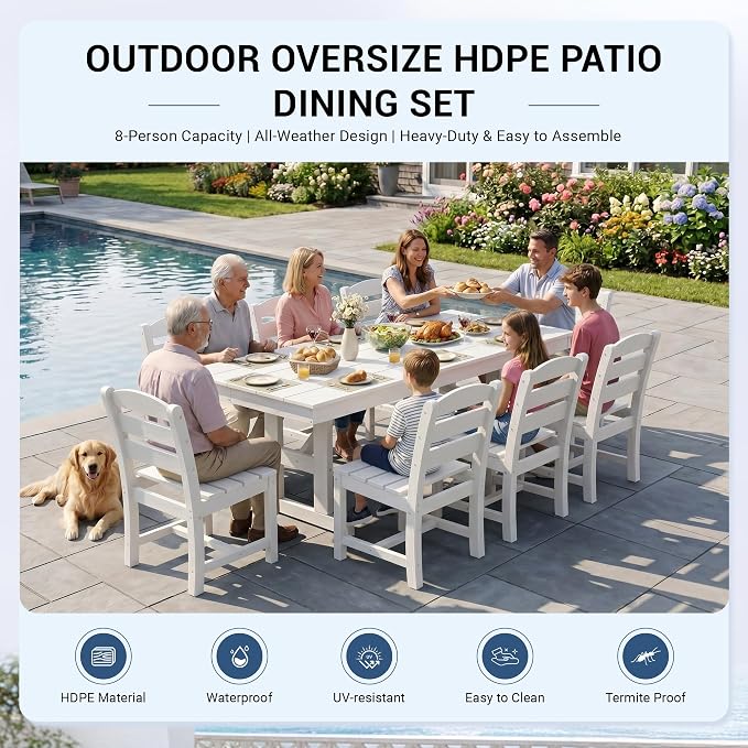 KINGYES Outdoor Armless Dining Chairs Set of 6,All-Weather HDPE Patio Chairs for Backyard,Pooside,White