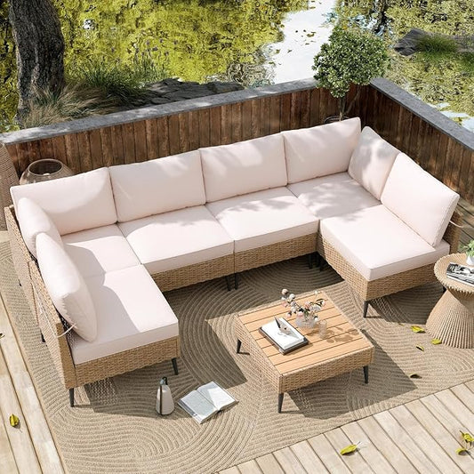 7 Piece Outdoor Patio Furniture Set, All Weather PE Rattan Sectional Sofa with Cushions and Table, Wicker Patio Conversation Couch Set for Garden Poolside Backyard Lounge(White)