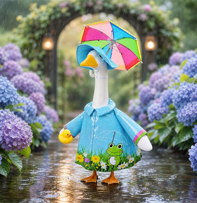 GJL Porch Goose Raincoat Outfit Fits 23 Inch Plastic Cement Goose Statue, Lawn Goose Clothes Set with Umbrella and Hat for Spring Summer Outdoor Yard Garden Decor (Blue-01)