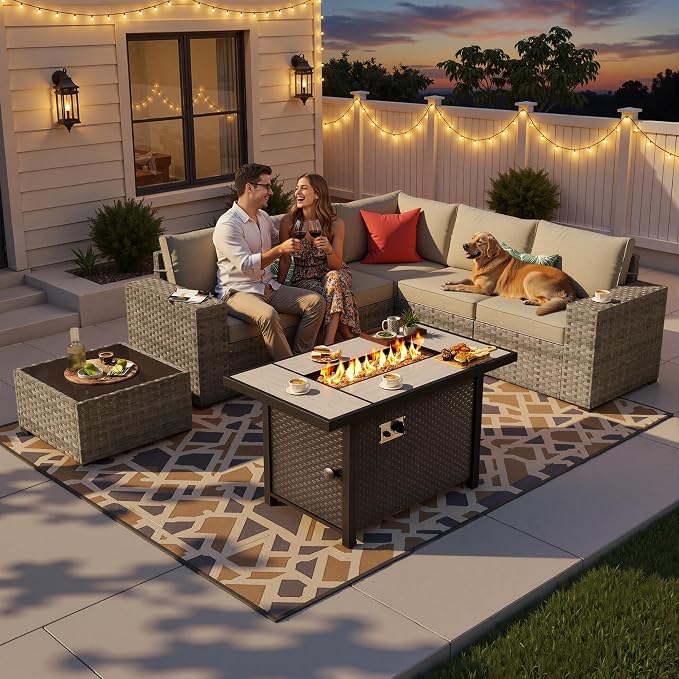 7-Piece Patio Furniture Set, Outdoor Wicker Rattan Patio Furniture Sectional Set with Coffee Table, All Weather Outdoor Fire Pit Conversation Set for Porch Backyard Balcony Garden, Beige