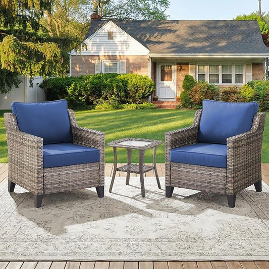 Belord Patio Chairs Set with Side Table, Outdoor Rattan Chairs for Deck Porch Garden, 3 Piece Luxury Patio Furniture Set, Blue