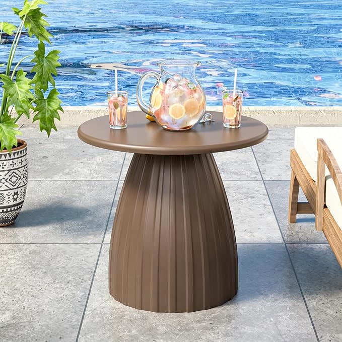 Round Metal Outdoor Patio Side Table, Steel Outdoor Accent Table, Small Patio End Table, for Garden, Pool, Yard, Balcony, Living Room, Deck, Weather Resistant, No Assembly, Brown
