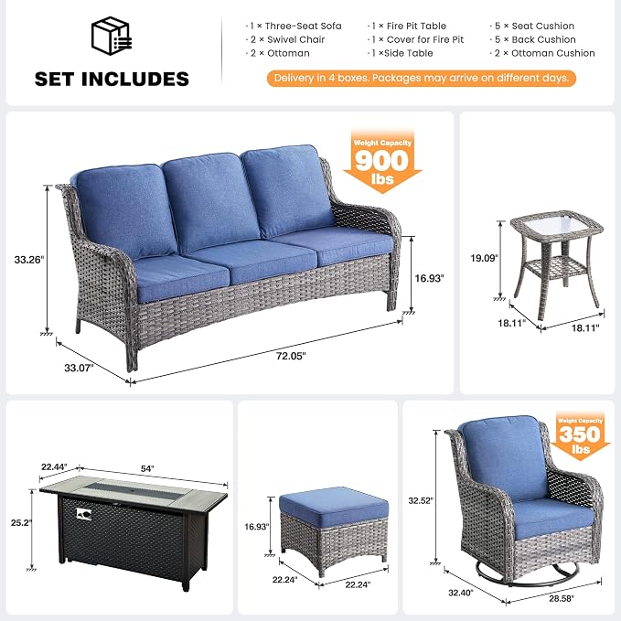 ovios 7-Piece Patio Furniture Set with Swivel Chairs Side Table, Outdoor Wicker Sofa with 54" Fire Pit Table, High Back Couch Modern Conversation Sets, Grey/Denim Blue