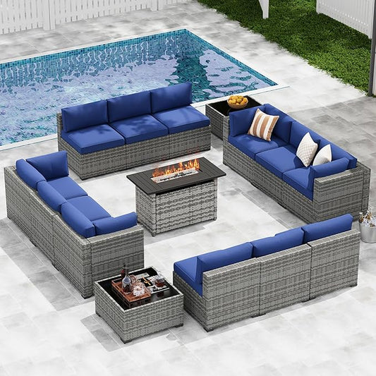 LazySunsets 15-Piece Patio Furniture Set with 44" Fire Pit Table, Wicker Outdoor Furniture, Patio Conversation Sets with Coffee Table, Outdoor Sectional Couch, Blue