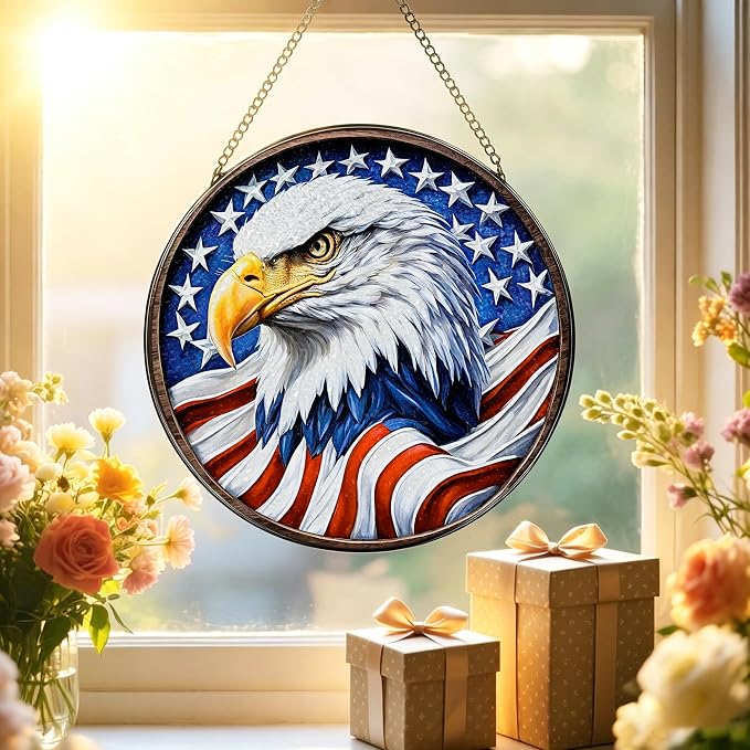 Stained Glass Window Hanging, Stained Glass Suncatcher, 8" American Eagle Sun Catchers Indoor Window Ornament, Gifts for Patriotic, Independence Day Decorations | Gifts for Women, Men, Dad, Father