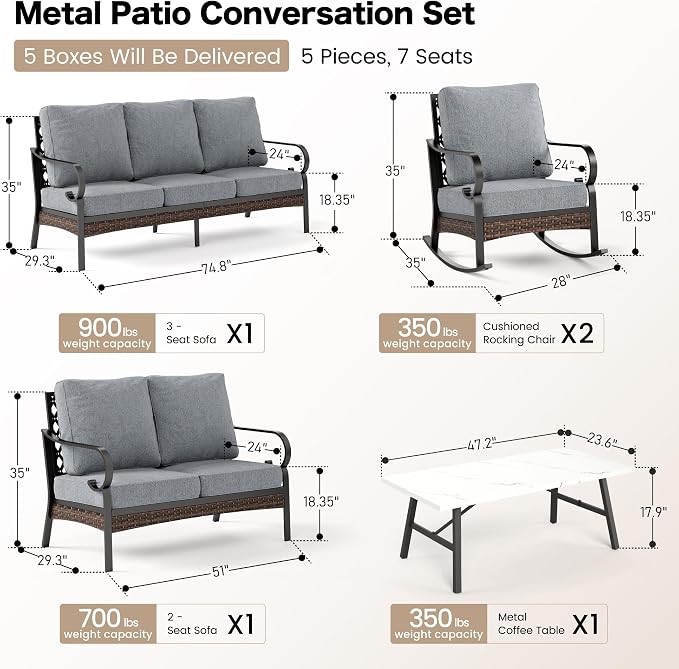 SUNSHINE VALLEY 5 Piece Metal Outdoor Patio Furniture Set - 3-Seater & 2-Seater Sofas, 2 Rocking Chairs with 5.75" Thick Cushion & Coffee Table - Black & Gray