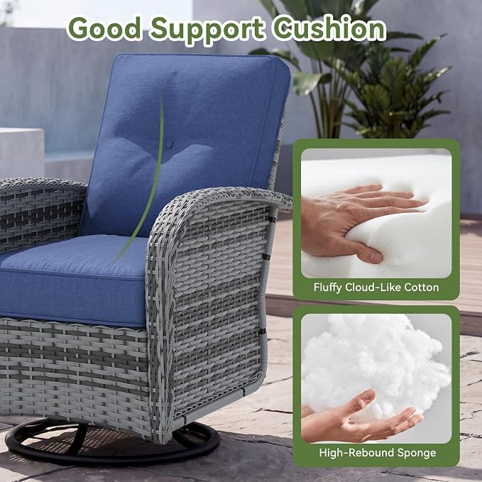 LazySunsets 13 PCS Patio Furniture Set with 44'' Fire Pit Table, Outdoor Sectional All-Weather Wicker Conversation Set with Swivel Rocker Chairs, 4'' Thick Cushions for Backyard Poolside(Navy/Grey)