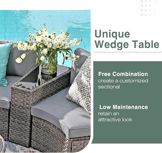 SUNSITT Outdoor Patio Furniture 11-Piece Half-Moon Sectional Round Set Curved Sofa with Tempered Glass Coffee Table, 4 Pillows, Grey Rattan