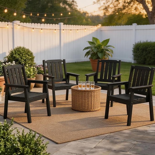 Takywep 23.9” Wide HDPE Patio Dining Chairs Set of 4, 650LBS Capacity All-Weather Yard Armchair with Slatted Seat, Heavy Duty Modern Backyard Furniture for Garden, Poolside, Deck, Black