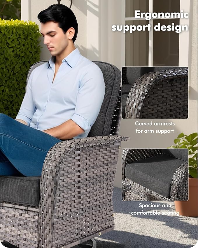 CAODOC 3-Piece Swivel Rocking Rattan Chair Outdoor, Patio Bistro Furniture Conversation Set, Wicker Chair with Coffee Table Black