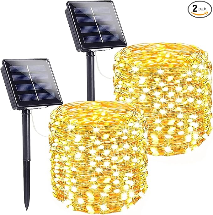 Solar Fairy Lights, 2 Pack Total 200LED 72FT Waterproof String Lights | Warm White, Copper Wire, 8 Lighting Modes Solar Twinkle Lights for Tree Garden Patio Party Outdoor Christmas Decorations