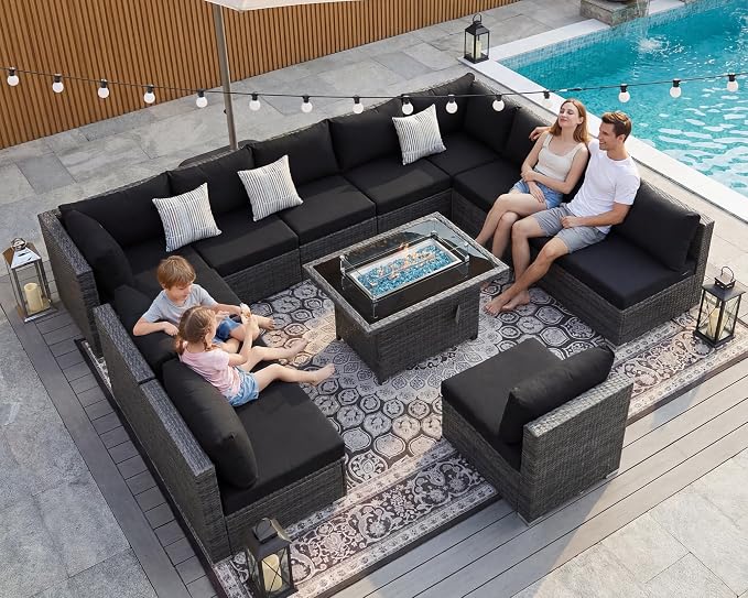 BULEXYARD 11 Piece High Back Patio Furniture Set with Fire Pit Table, Large Comfy Deep Wide Seat Outdoor Sectional Sofa, All-Weather Wicker Modular Conversation Couch 10-Seats for Deck, Grey & Black
