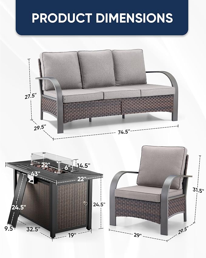 HUMMUH Wicker Patio Furniture Set with Fire Pit-Outdoor Wicker Chairs Set of 2 with Outdoor Patio Couch Outdoor Furniture Sets for Deck Porch Garden Poolside Backyard-Brown/Grey