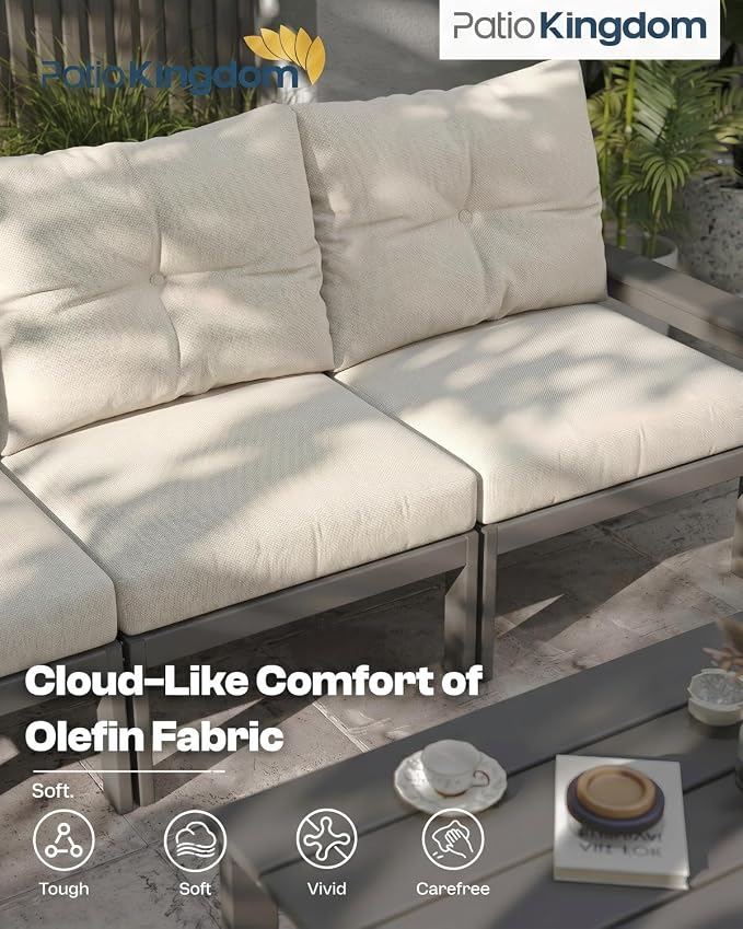 HDPE Outdoor Patio Furniture Set, 10-Piece Patio Conversation Sets with Coffee Table & Beige Washable Thick Cushions, Outdoor Sofa for Garden, Balcony, Porch,(Grey Frame)