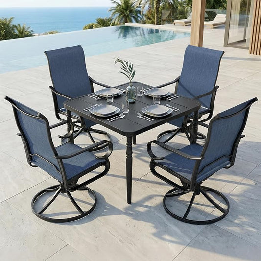NUU GARDEN Outdoor Dining Set with Umbrella Hole, 5-Piece Patio Furniture Set with Slatted Table and 4 Swivel Padded Textilene Chairs, All-Weather Patio Dining Set, Blue