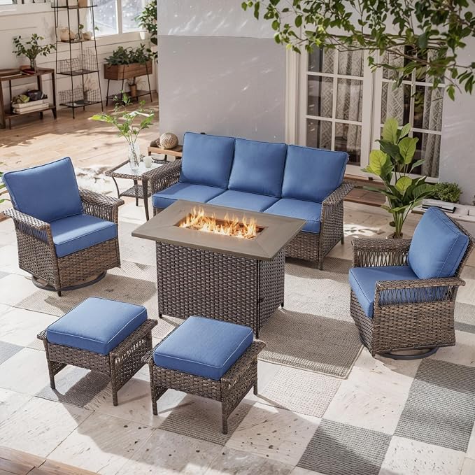 Patio Furniture Set with Fire Pit Table, 7PCS Patio Conversation Set Brown Resin Wicker Swivel Patio Chair Sofa Ottoman Set with Side Table and Fire Table PE Rattan Furniture Set