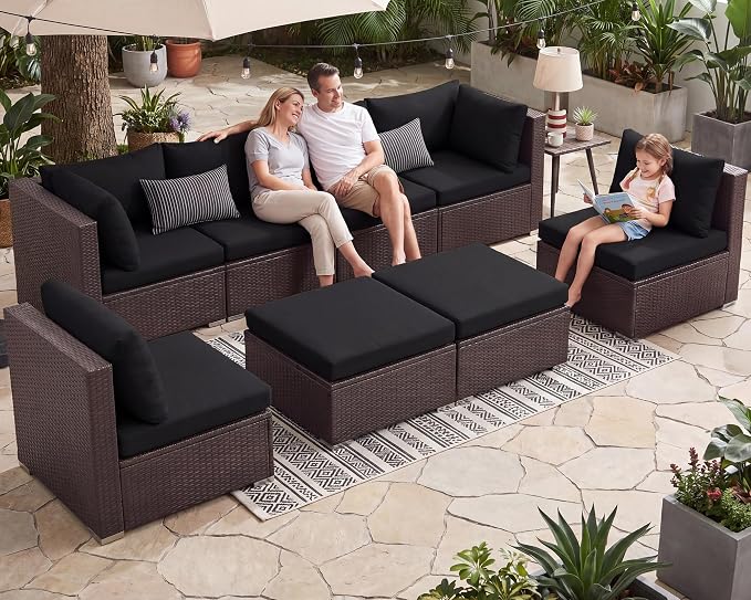 NICESOUL 8 Seater Modern Outdoor Seating Group, Plus Size Big Wicker Patio Modular Sectional with Ottoman, 29.3'' High Back Comfy Conversation Sets for Outside, Brown Rattan and Black Cushion