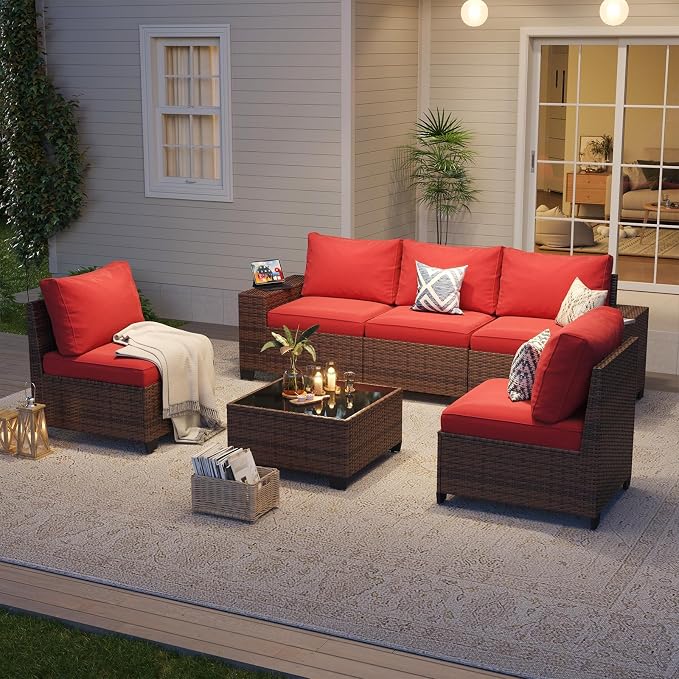 LazySunsets 2 Piece Outdoor Patio Furniture Set, Outdoor Sofa Set with Thick Cushions & Ottoman, Grey