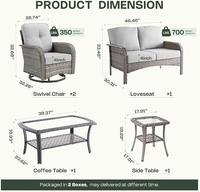 5-Piece Patio Furniture Set, Outdoor Wicker Furniture with Coffee Table, High Back Swivel Rocker Patio Chairs, Modern Rattan Outdoor Chairs Conversation Set for Porch, Balcony, Garden, Grey