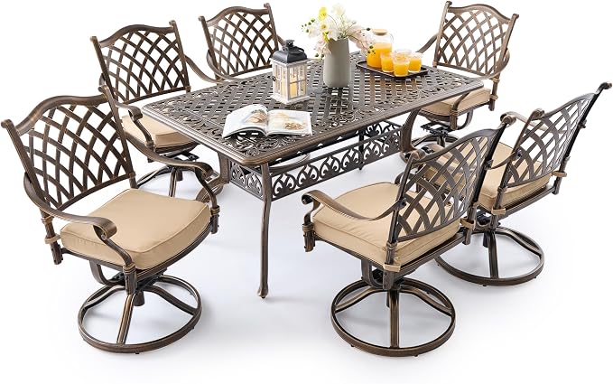 7 Piece Outdoor Dining Set Cast Aluminum, Retro Patio Dining Set for 6 Includes 59” Rectangular Table 6 Swivel Chairs with Thicker Cushions and Umbrella Hole for Patio Deck Garden