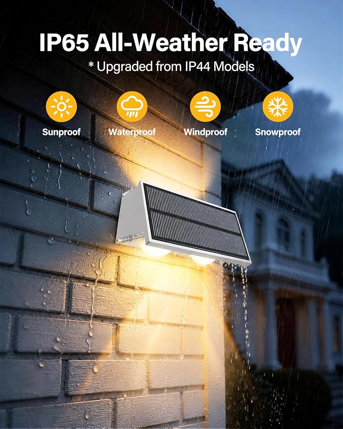 Solar Fence Lights Outdoor, 2 Pack Fence Solar Lights Waterproof | IP65 Fence Lights Solar Powered Up & Down LED Focus, 9 Color Modes, 12H Dusk to Dawn Glow for Pool/Patio/Backyard - White