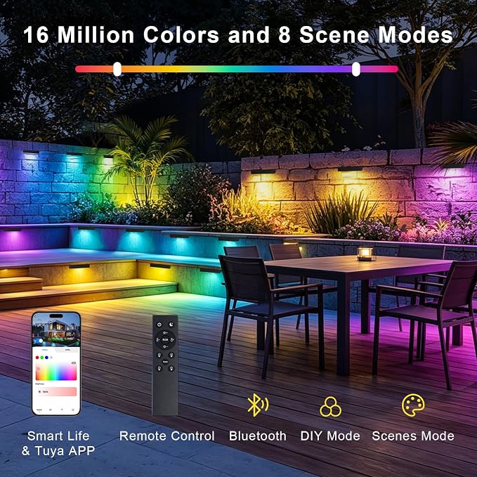 8 Pack 7 Inch RGBCW Retaining Wall Lights, Smart APP/Remote Control | 2700K-6500K RGB Color Changing LED Hardscape Lighting, 5W 500LM 12V AC/DC Low Voltage Outdoor Landscape Light for Step, ETL