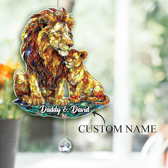 Personalized Lion and Cub Holographic Acrylic Window Hanging Suncatcher Animal Art Decor Gift for Dad Wildlife Lover, Heartfelt Father's Day, Birthday Gift (Lion Dad)