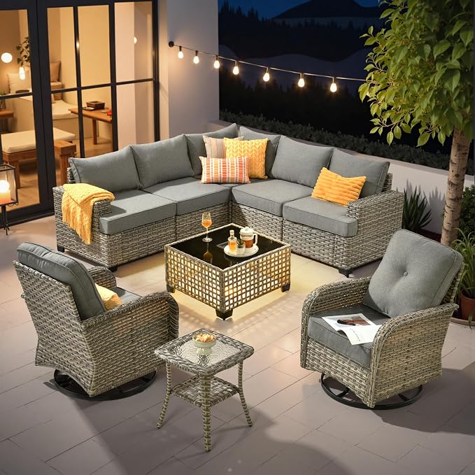 HOOOWOOO Sectional Patio Furniture Set with Swivel Chairs,9 Pieces Wicker Outdoor Furniture L Shaped Couch,Outside Conversation Set with Extra Deep Seat Sofa Wide Arm Solar Light Table,Charcoal Gray