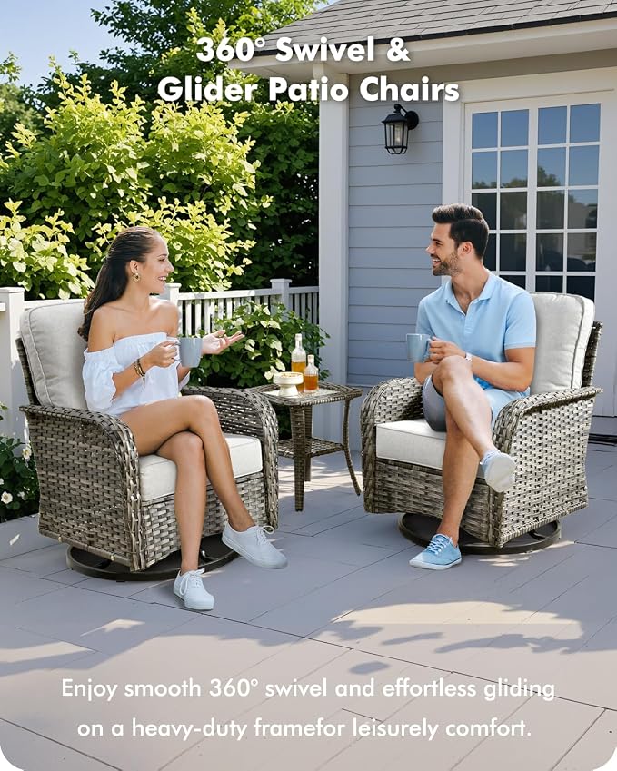 CAODOC 5 Pieces Patio Furniture Set,Outdoor Furniture with Rockers, Rattan Conversation Sets w/Coffee Table, Grey Wicker Light Grey Cushion