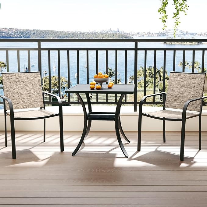 Anmutig 3-Piece Outdoor Dining Set, Small Metal Bistro Table with 2 Stackable Sling Chairs, 27.5 x 27.5 Inch Square Table, White Fabric