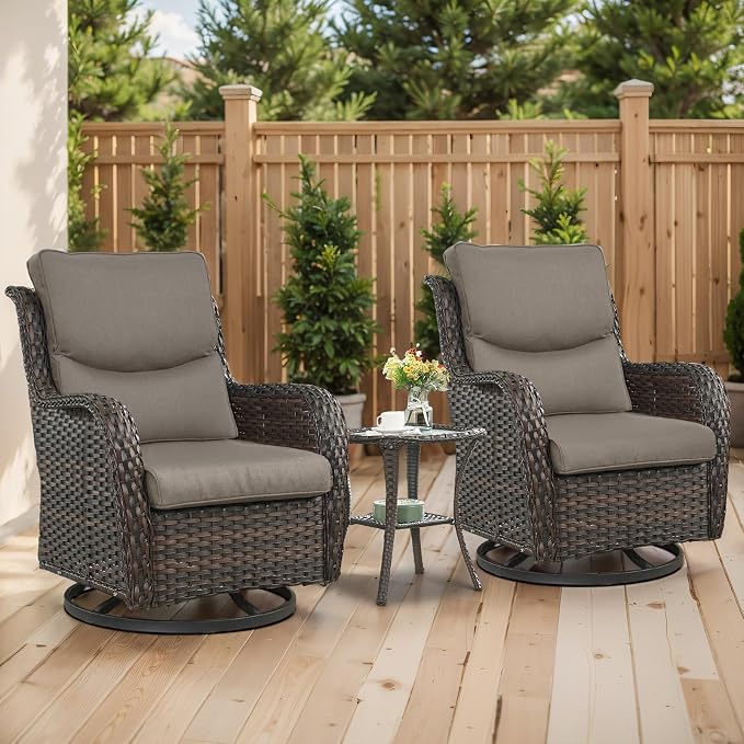 Outdoor Swivel Rocker Patio Chairs with 5" Thick Cushion - 3 Piece Wicker Bistro Set with Side Table, High Back Comfty Outdoor Glider Chairs for Balcony, Porch, Deck, Poolside - Brown-Gray