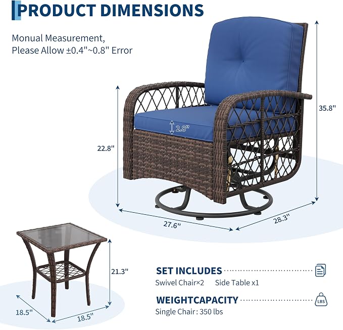 IDEALHOUSE 3-Piece Outdoor Patio Furniture Set, Wicker Swivel Rocking Chairs with Thick Cushions and Glass Coffee Table, Backyard & Garden Bistro Rocker Set, Brown+Blue Cushion