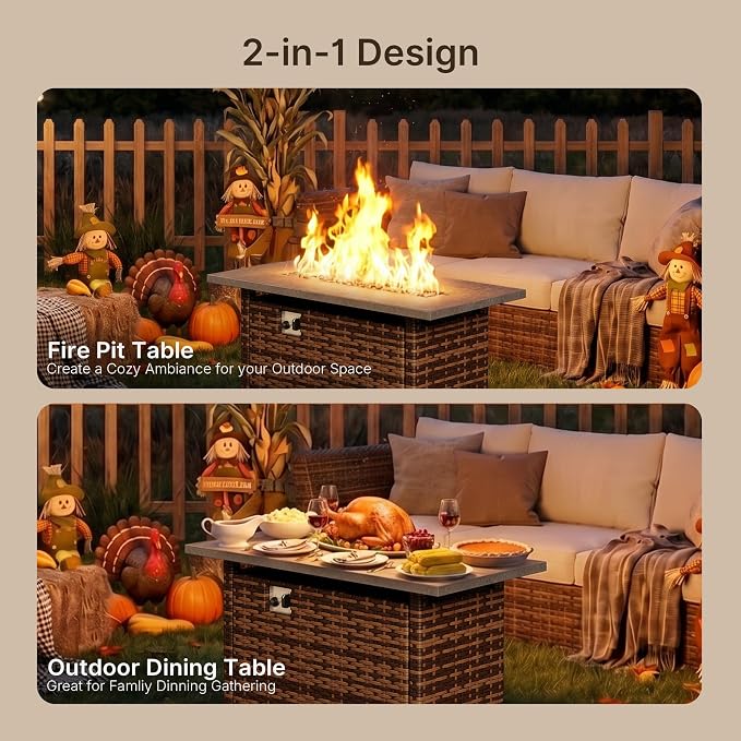 Ahomly 8 Piece Outdoor Patio Furniture Set with 44”Fire Pit Table, Outdoor Wicker Sectional Sofa Conversation Set with Cushions and Glass Coffee Table, for Backyard, Porch, Balcony, Grey