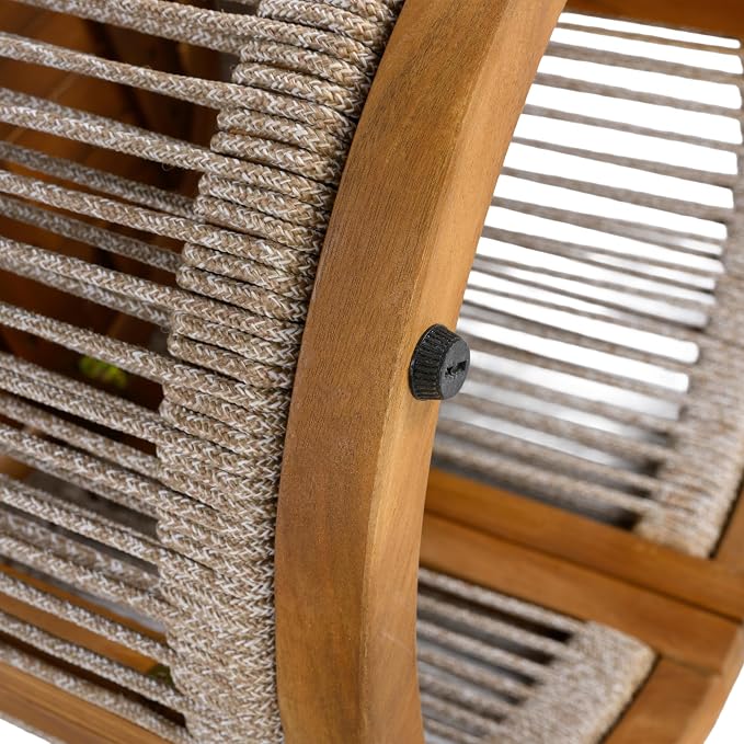 roomfitters 16.9" Acacia Wood Outdoor Side Table, Luxury Handwoven Rope Accent Boho Patio Table, Modern Round Slatted Garden End Table