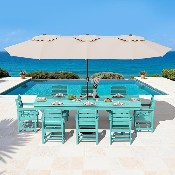 SERWALL 9 Piece 84" HDPE Outdoor Dining Set for 8 with Armchairs, Aruba | All Weather HDPE Material and Pre-drilled Umbrella Hole
