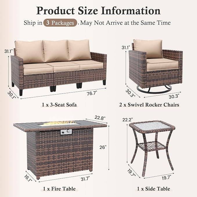 Amopatio Patio Furniture Set with Fire Pit Table, Wicker Outdoor Sectional Sofa with Swivel Rocker Chairs, All-Weather Rattan Conversation Set, Waterproof Cover for Backyard, Deck Brown/Khak 5 PCS