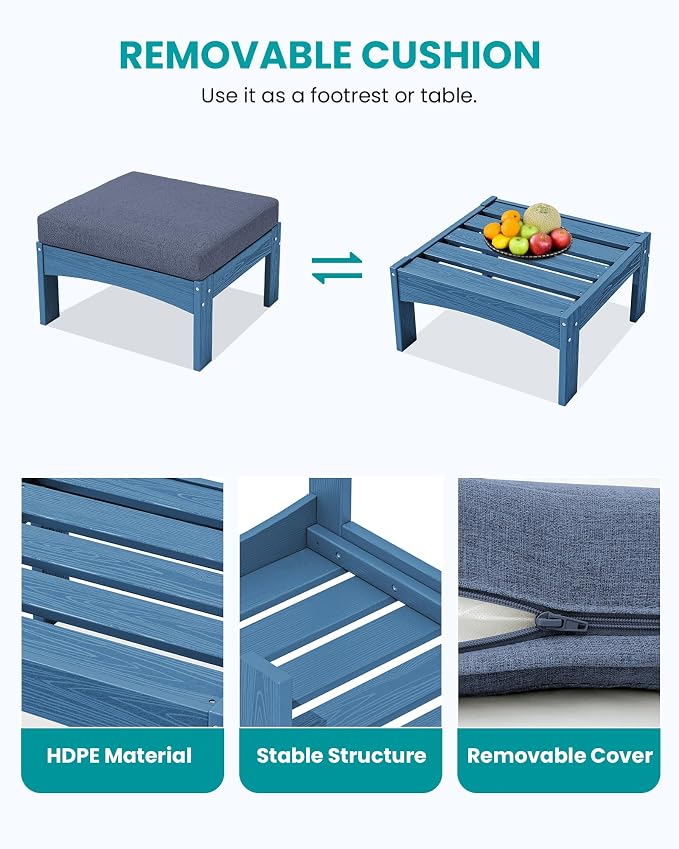 SERWALL 2 Pieces Patio Sofa Set, Durable HDPE Outdoor Lounge Sofa with Removable Cushions and Ottoman, Modern Modular Conversation Set for Porch or Balcony, Blue Frame with Grey Cushion
